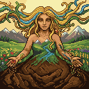 Pixel art: Akka, mother of the earth at the foot of a cliff
