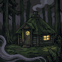 Pixel art: a guardian spirit's hut in a dark forest