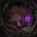 Pixel art: a bear sleeps in its cave beside a poppy