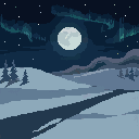 Pixel art: a starry Lapland night over snowy fells