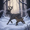 Pixel art: deer stand in a snowdrift