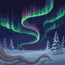 Pixel art: the star of the aurora sparkles on snow