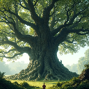 Pixel art: a great sacred oak in the middle of the forest