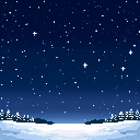 Pixel art: starry sky glimmers above the snow