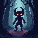 Pixel art: an unidentified creature stares from the dark