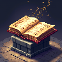 Pixel art: an old wizard's book open on a table
